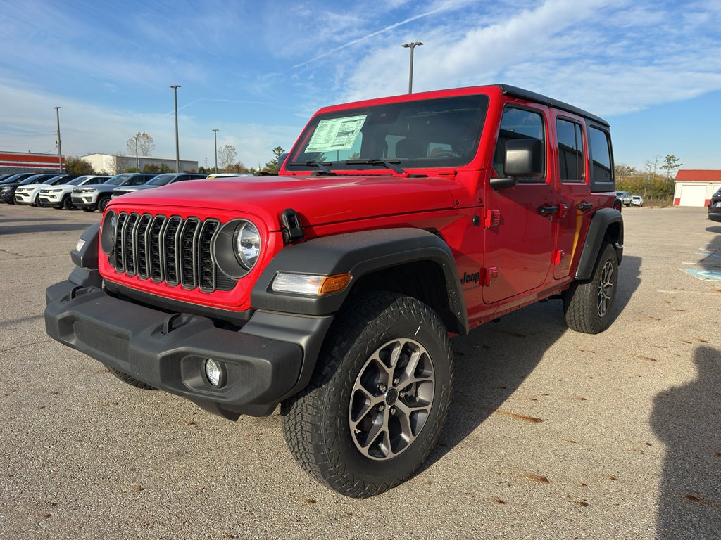 2025 Jeep Wrangler WRANGLER 4-DOOR SPORT S in Firecracker Red Clear-Coat Exterior Paint — front three-quarter view